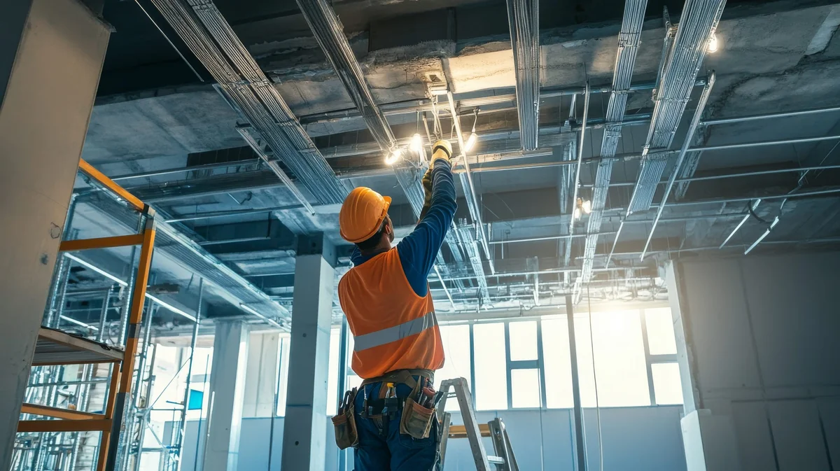 Electrician installing conduit overhead in a commercial space